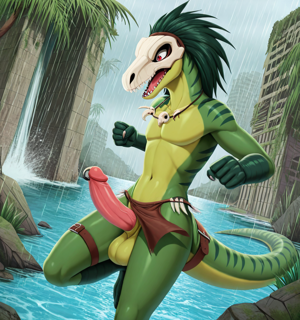 Raptor Warrior in a Rainy Jungle Ruin