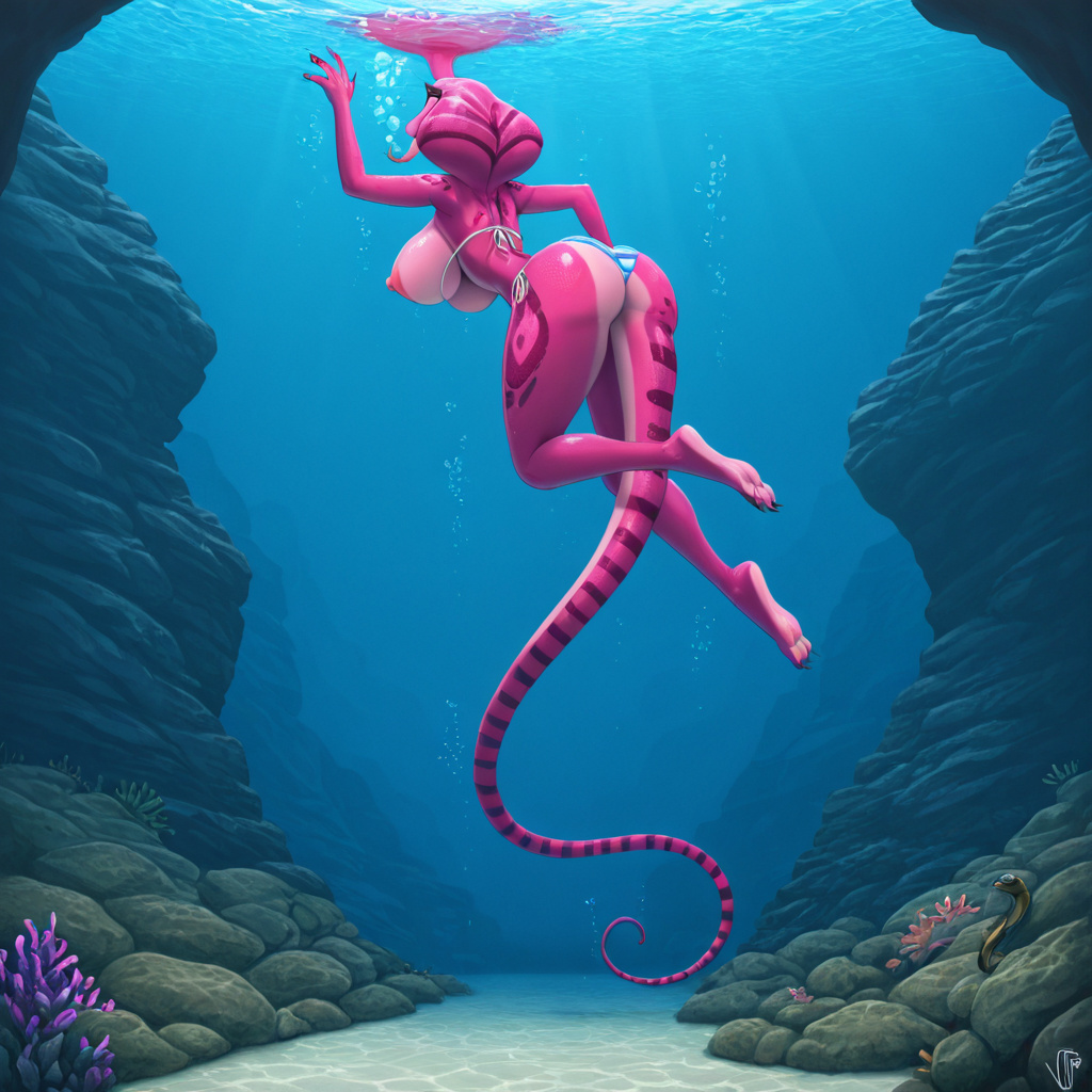 Anthro Cobra in Striped Bikini Underwater