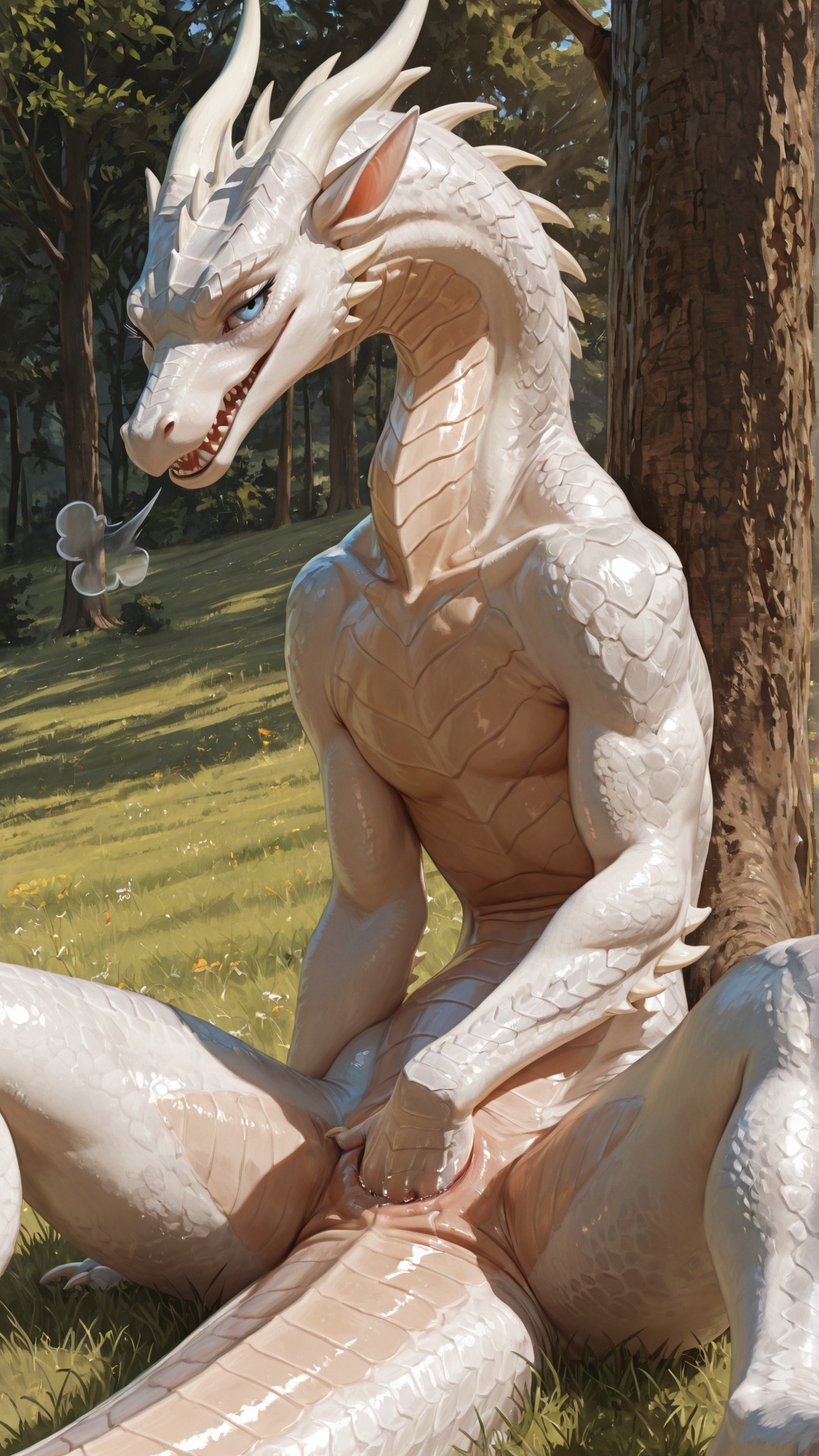White Dragoness in Field, Seductive Pose