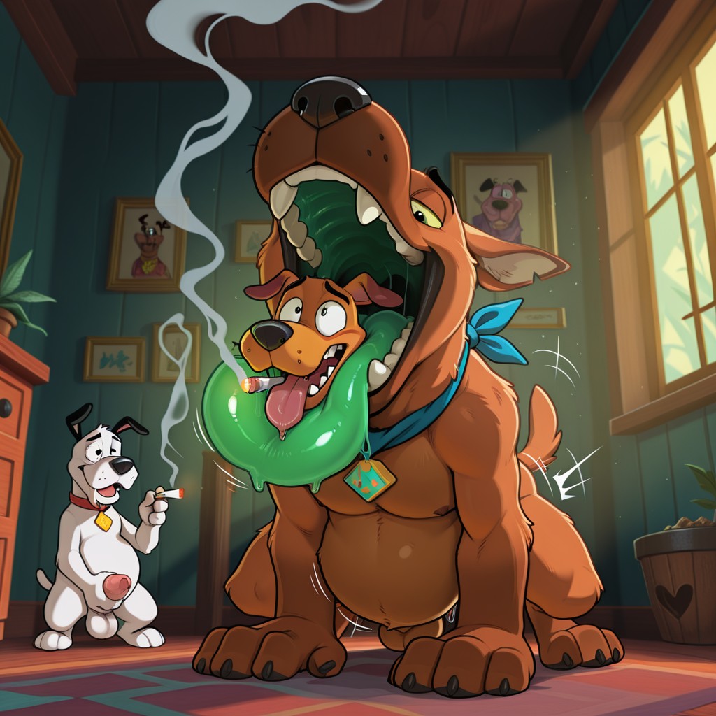 Two Animated Dogs Sharing a Joint in a Glowing Night Alley