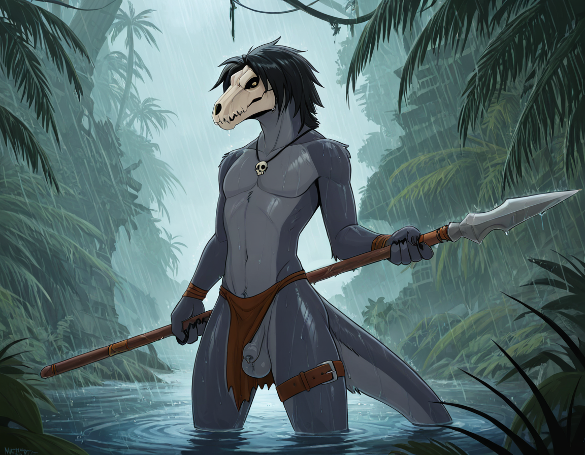 Grey Raptor Dinosaur Warrior in Rainy Jungle Ruins