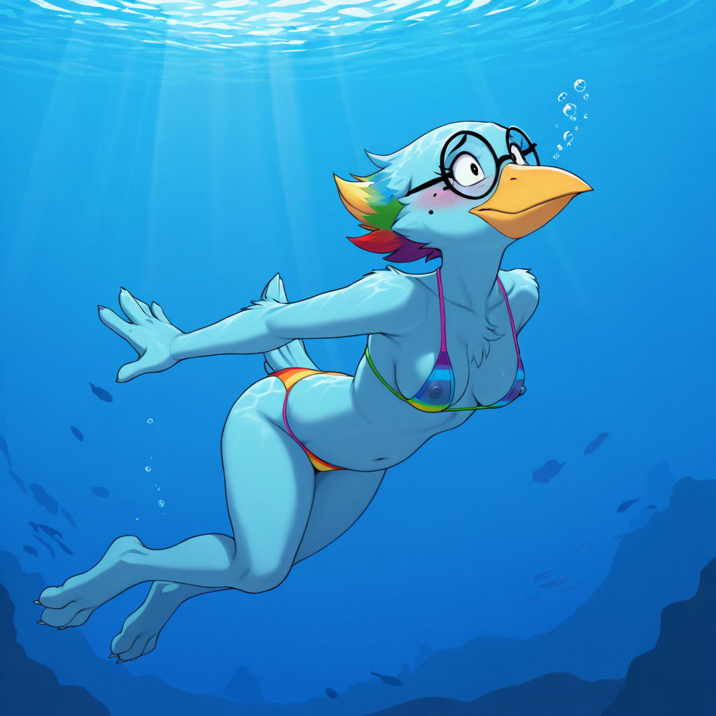 Elderly Avian in Rainbow Bikini Underwater