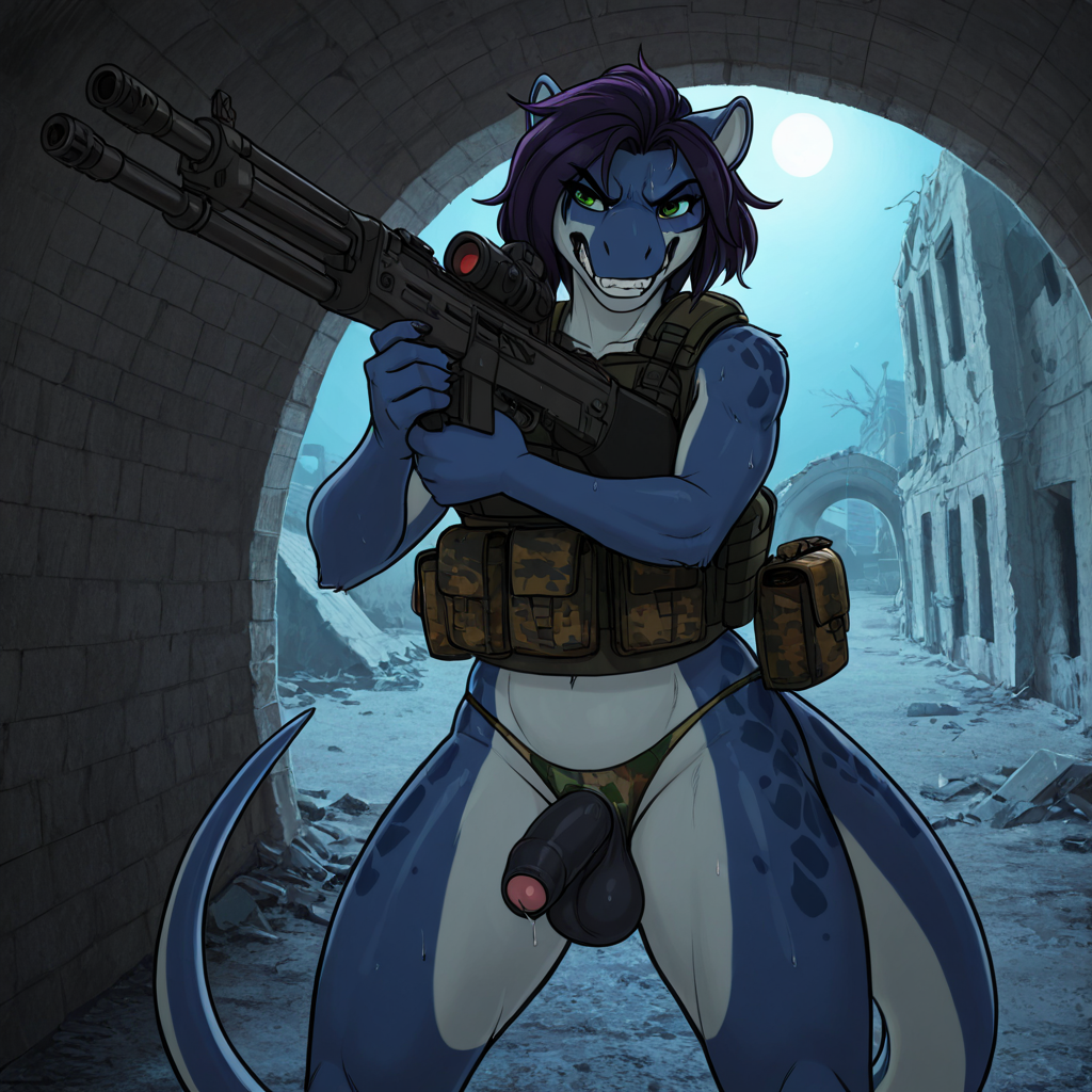 Determined Blue Raptor Warrior in Bunker Ruins