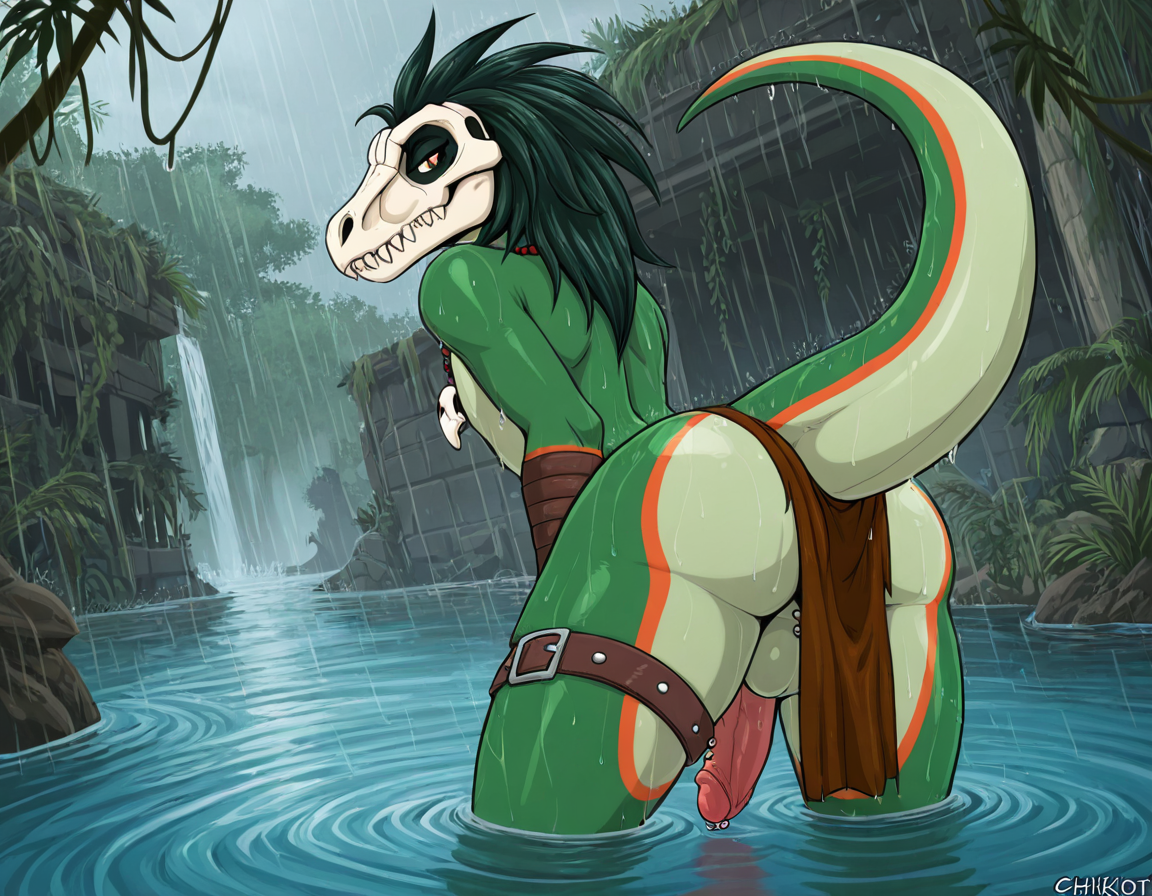 Raptor Warrior in Rainy Jungle Ruins