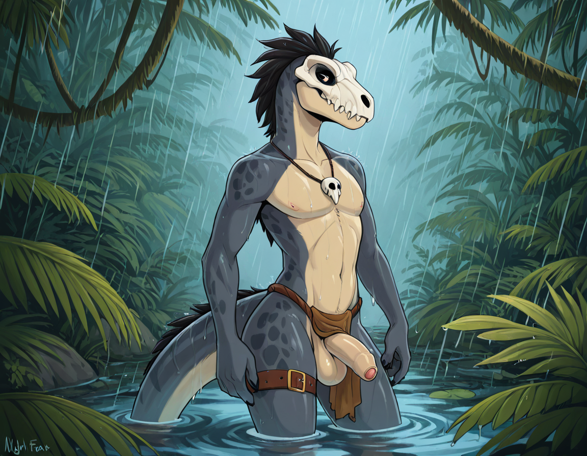 Prehistoric Raptor in Rainy Jungle