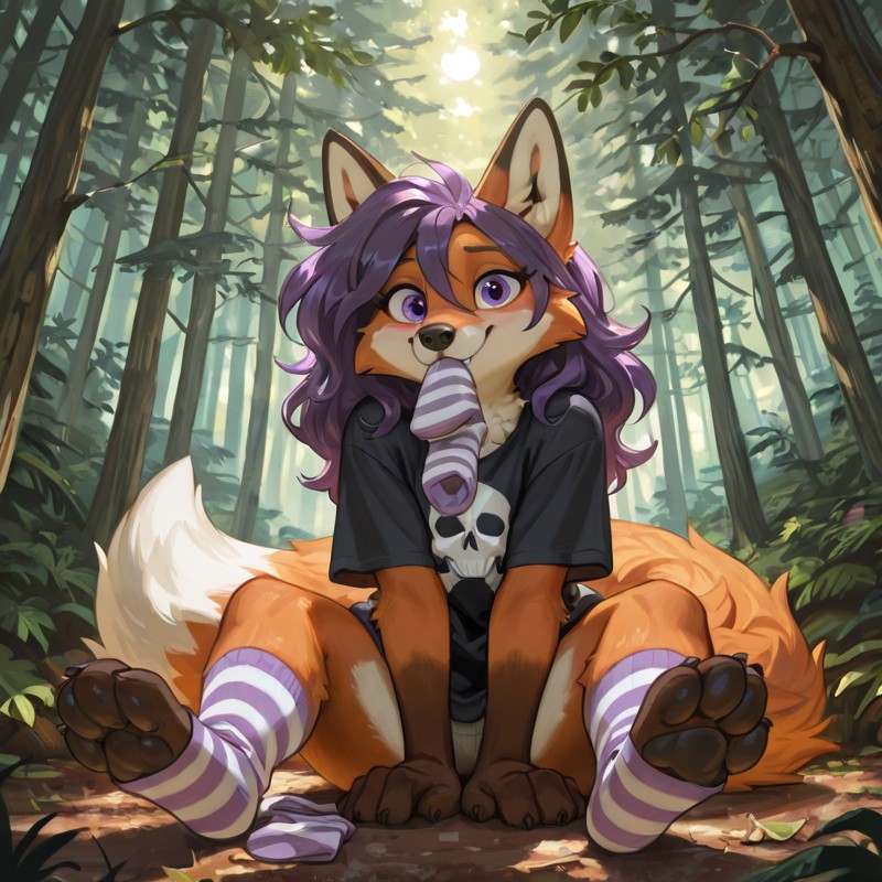 Forest Fox Portrait in Striped Socks