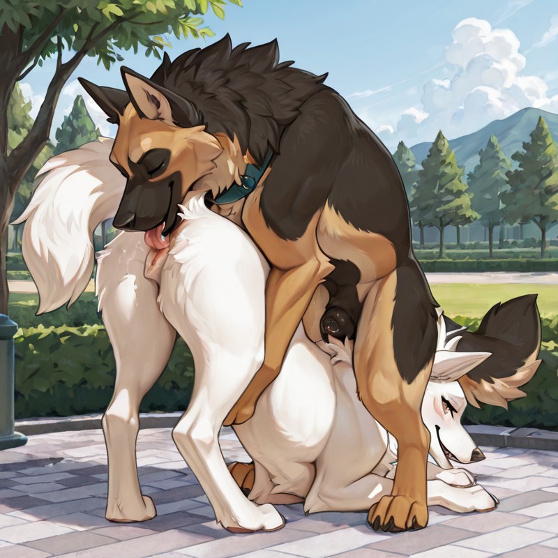 Two Canines in a Sunlit Park Glade