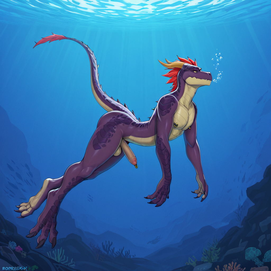Mature Dragon Man Floating Underwater