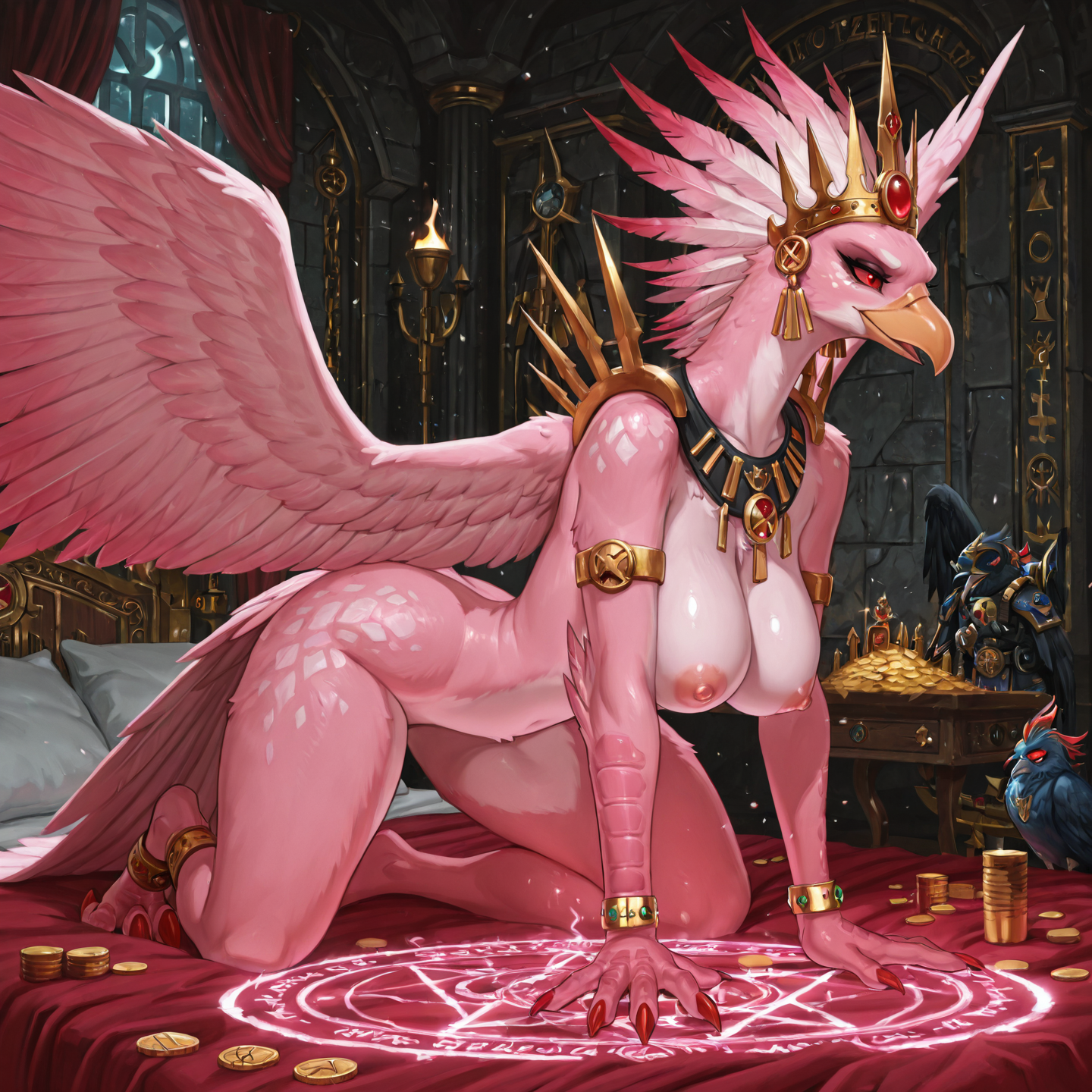 Majestic Avian Sorceress in Opulent Chamber