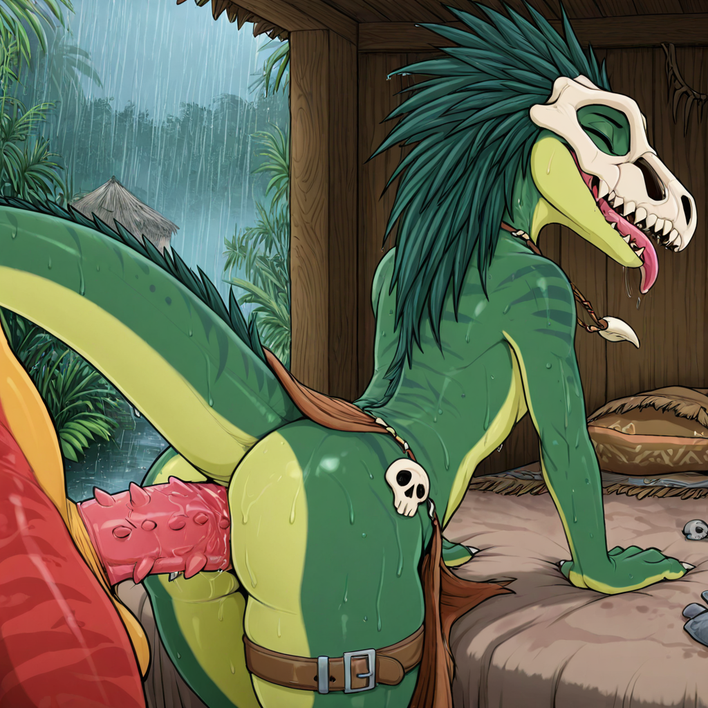 Raptor Warrior in Tribal Jungle Hut