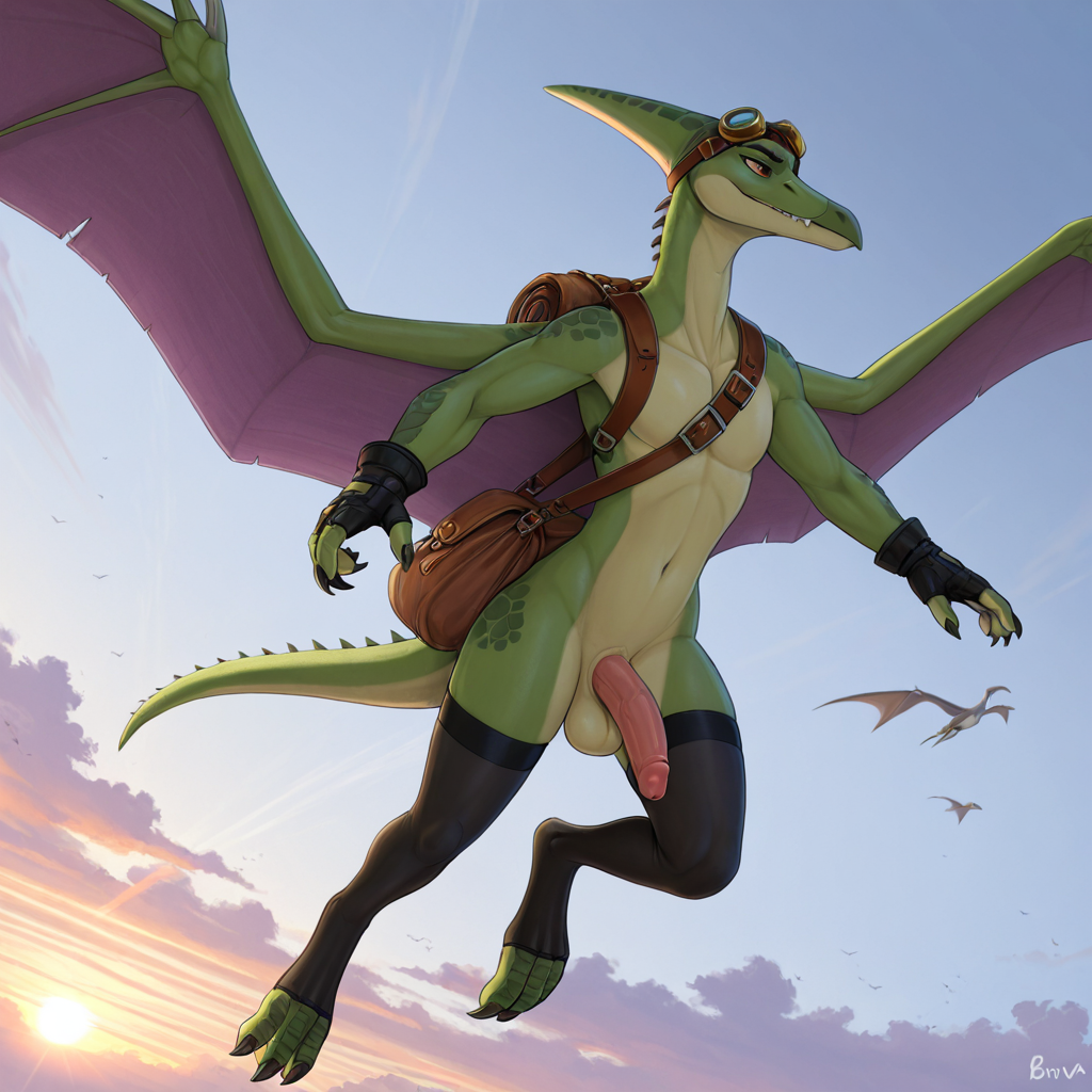 Flying Pteranodon in Cloudy Sky