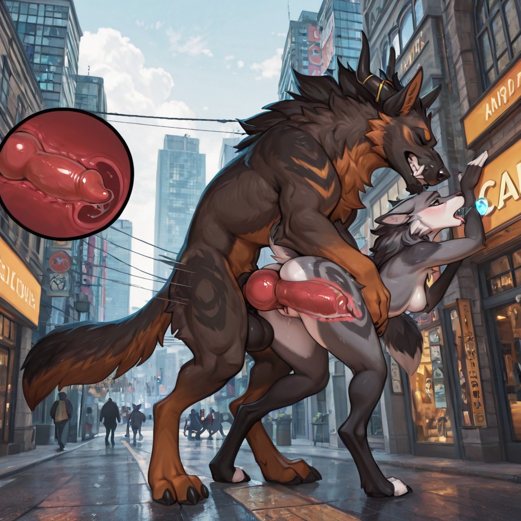 Wolf and Dragon in a Bustling City Street