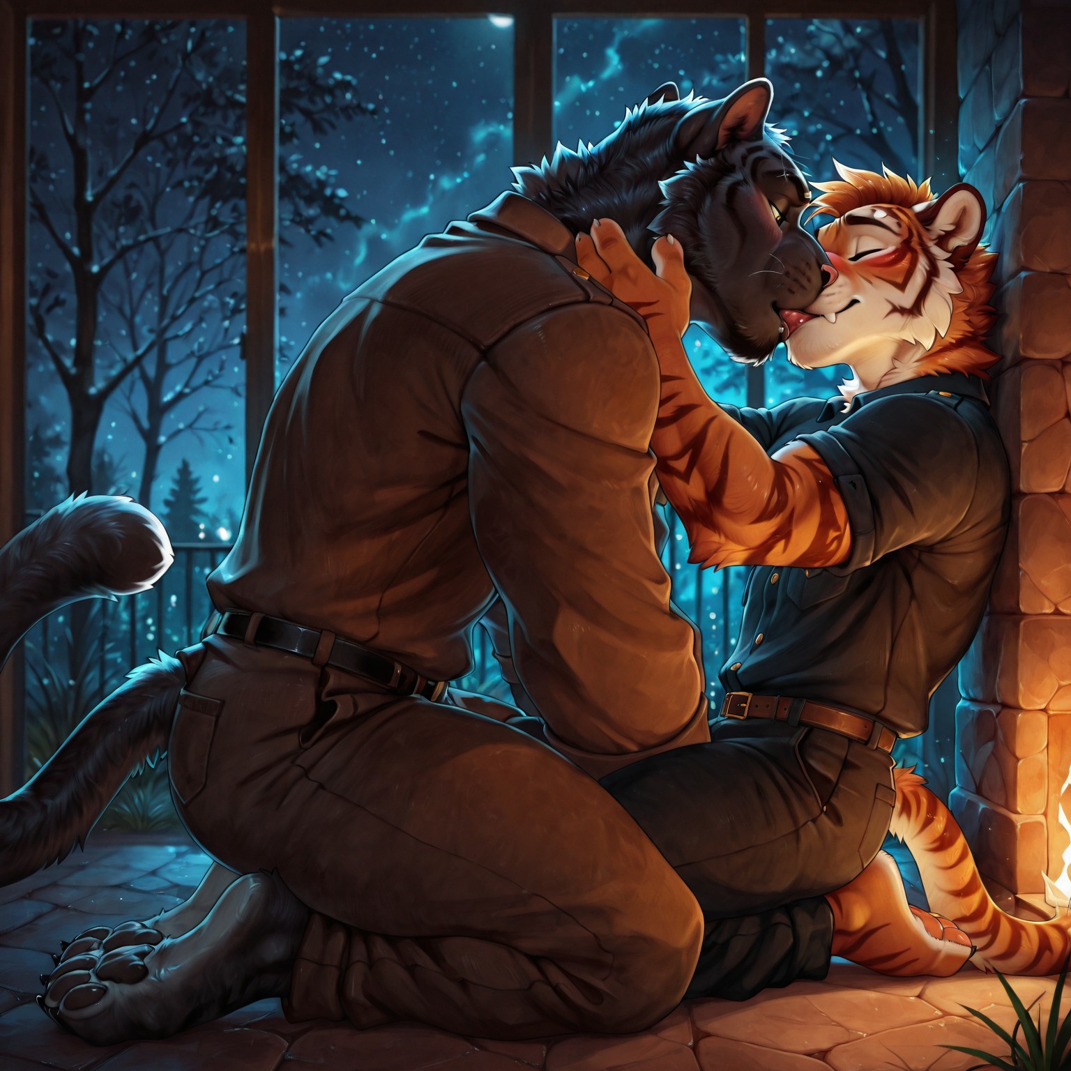 Two Tigers Embrace in a Moonlit Grass Field