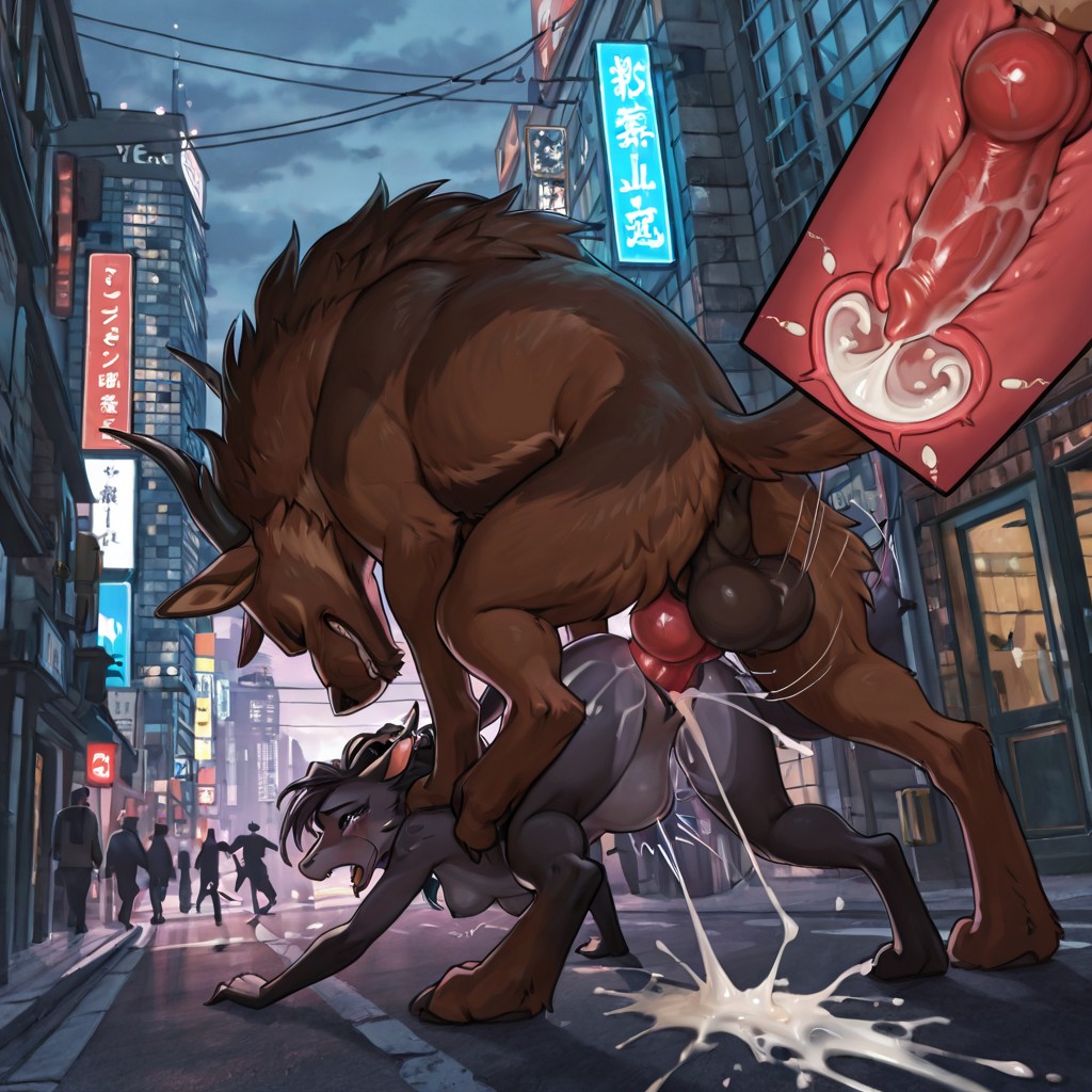 A Feral Wolf Mounting a Black Dragon on a City Street