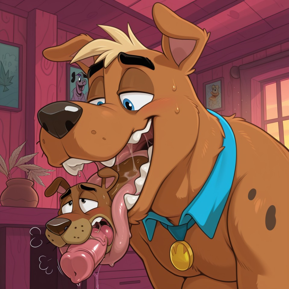 Two Anthro Canines Embrace in a Romantic Rainbow Setting