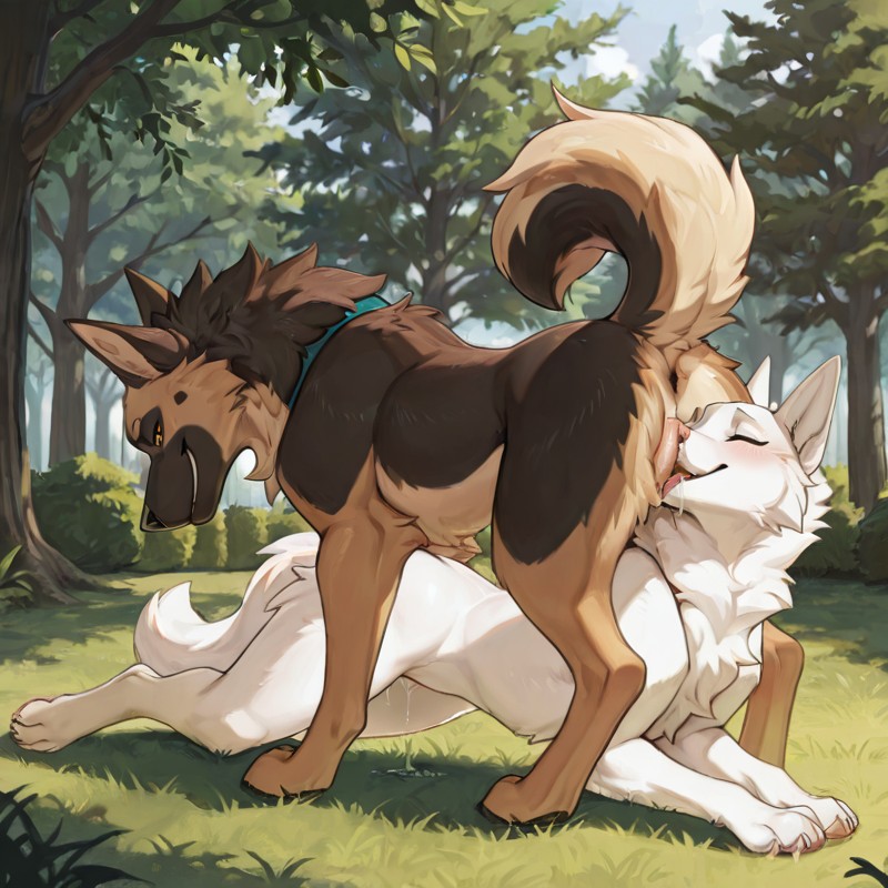 Two Akita Inu Dogs in a Park Behind One Another