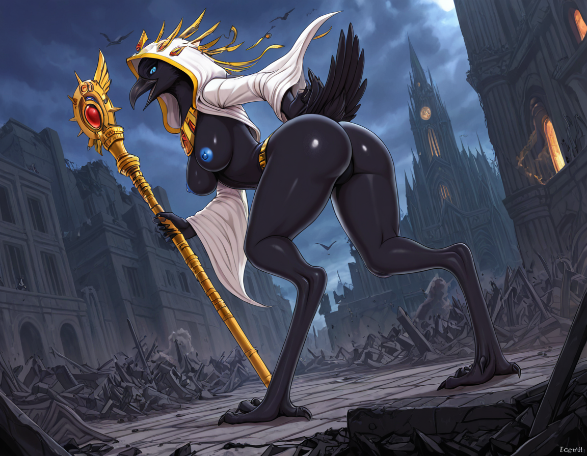 Daemonic Avian Sorceress in Ruined Cathedral