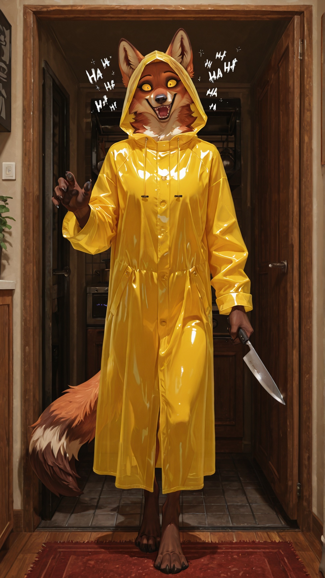 Maned Wolf in Yellow Raincoat, Knife in Hand