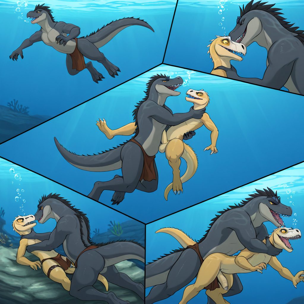 Raptor Dinosaur and Alligator Underwater Struggle