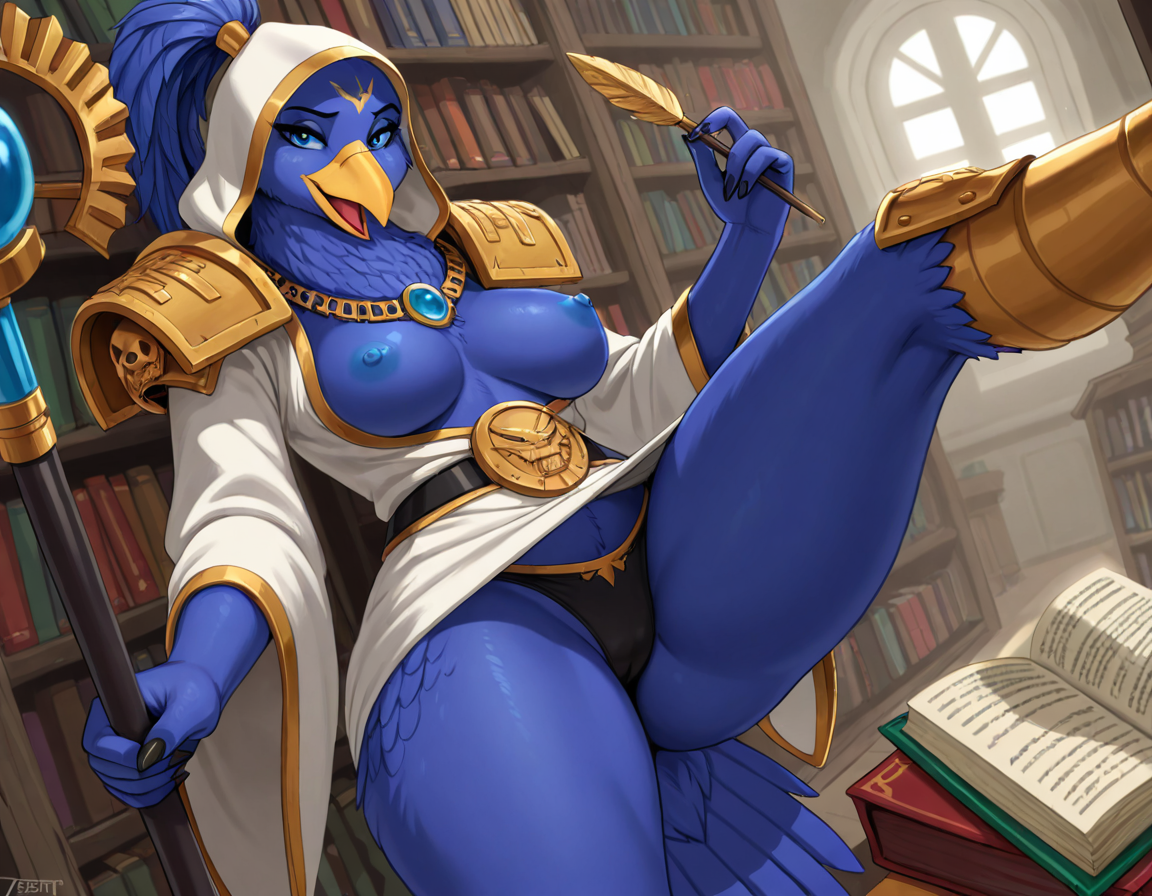Majestic Avian Sorceress in Ancient Library