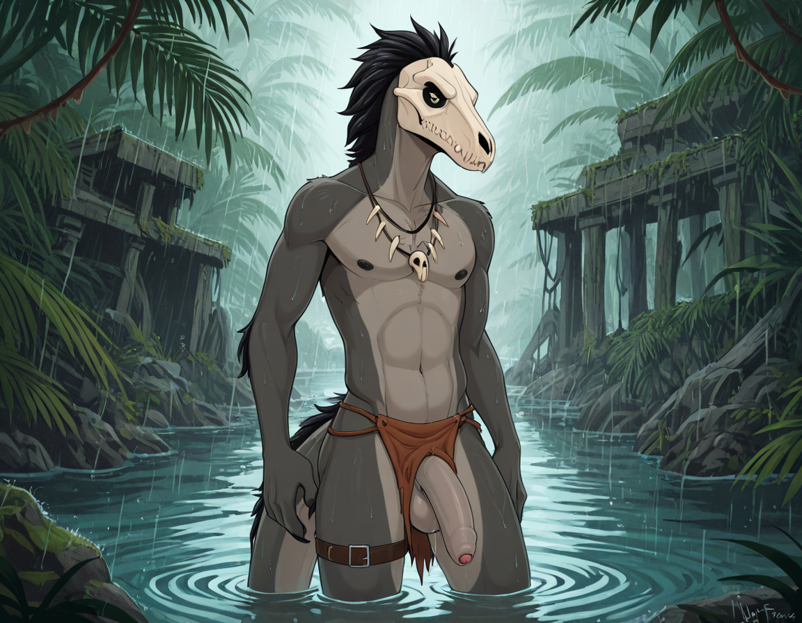 Ancient Raptor Warrior in Rainy Jungle Ruins