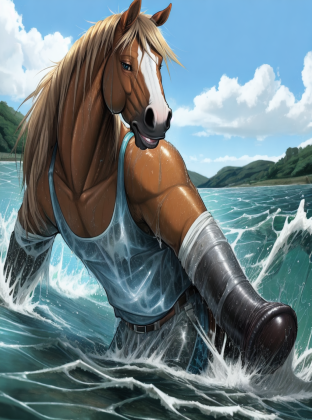 Male Horse Anthro in Flooded Ocean
