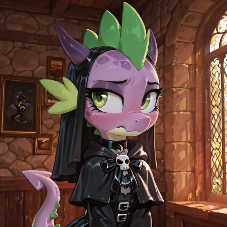 Spike the Dragon in Goth Attire Looking Shy