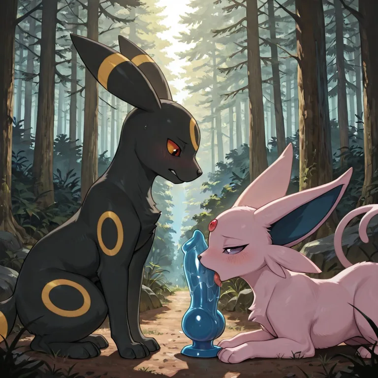 Espeon and Umbreon in a Forest Side View Duo