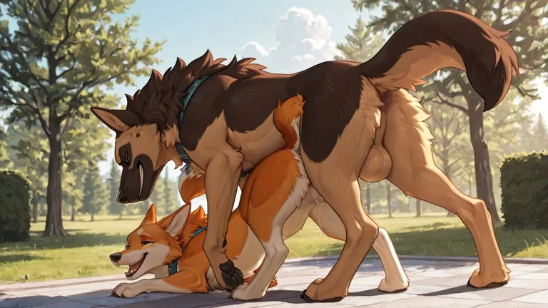 Two Akita and German Shepherd Dogs in a Park