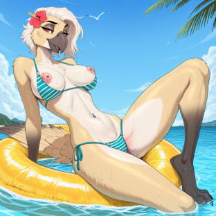Tropical Elderly Parrot in Striped Bikini