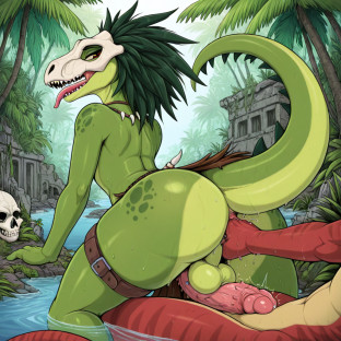 Prehistoric Raptor Warrior in Jungle Ruins