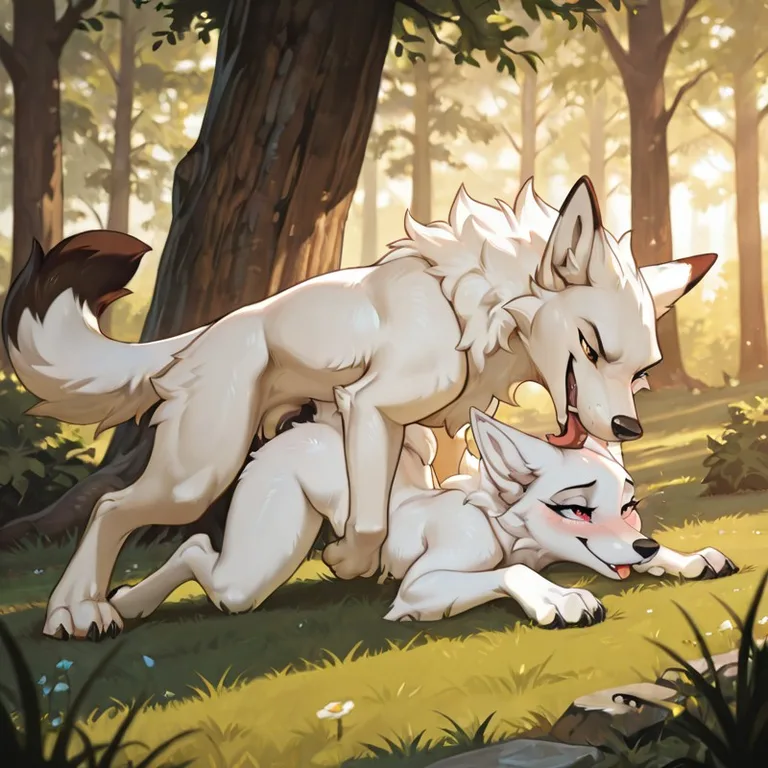 Two White Canids in a Sunlit Park