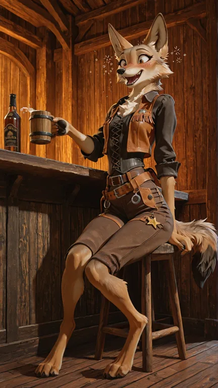 Coyote Cowgirl Enjoying Drink in Saloon