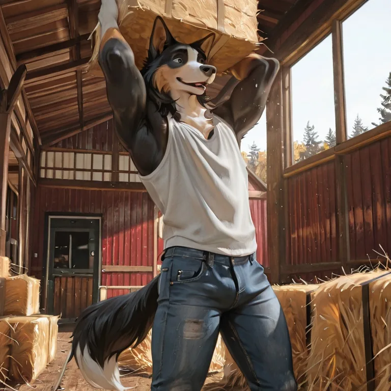 Collie Dog Lifting Hay Bale in Barn
