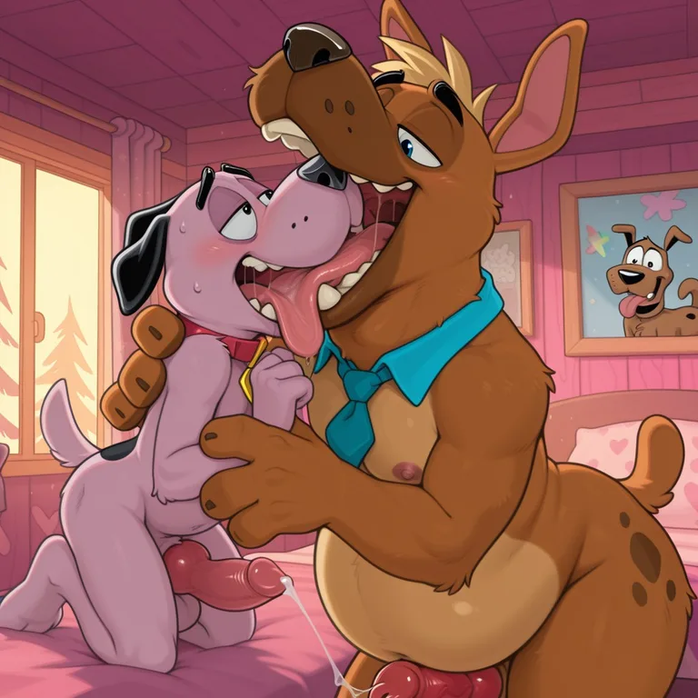 Two Courage Dogs Cuddling in a Rainbow Meadow