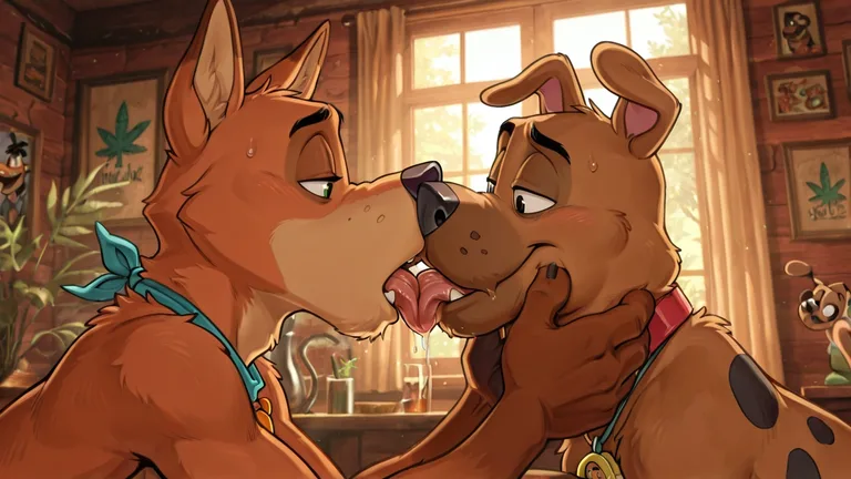 Zonked Canine Couple Smooching and Partaking in Herb