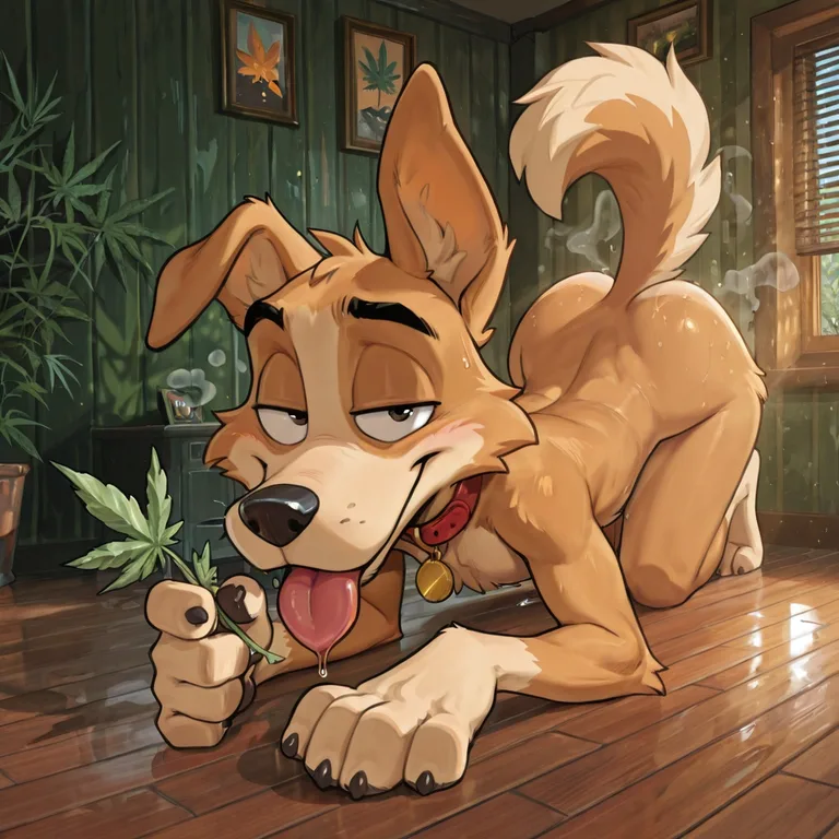 Toon Dog with Marijuana Leaf