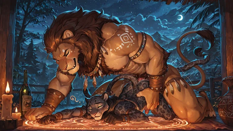 Lion and Panther Warriors in Tribal Night Scene