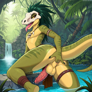 Prehistoric Raptor Warrior in Jungle Ruins