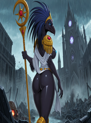 Tzeentch's Avian Lord Amidst Ruined Cathedral
