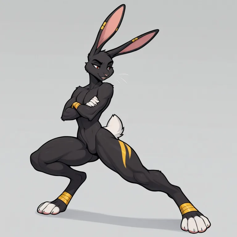 Solo, male, anthro, jackrabbit, black fur, white tail, muscu