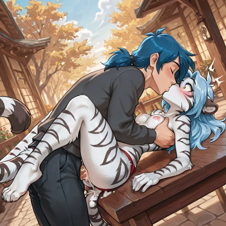 Flora Twokinds, Female Tiger, Surprise Kiss, Blush, Full Body