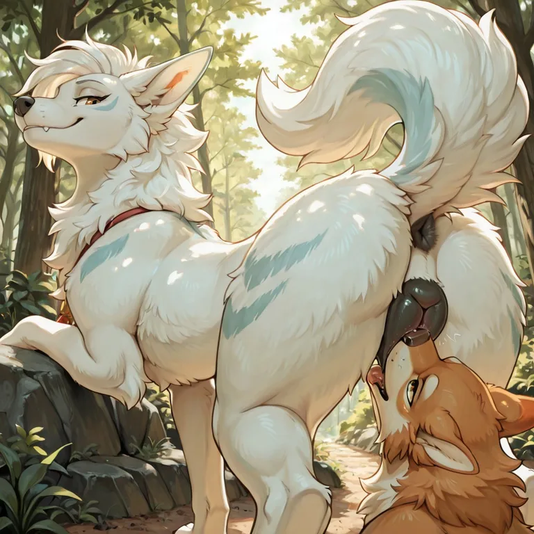 White Shepherd and Akita Inu in Sunlit Park Meadow