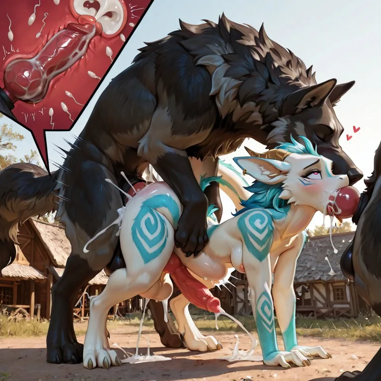 Two Grey Wolves and a White Furred Dragon in a Village Being Watched