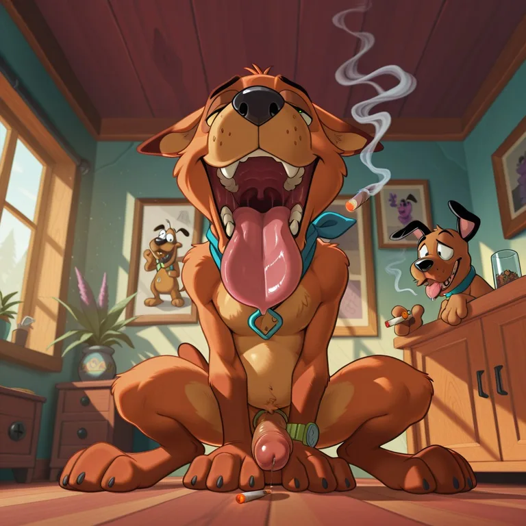 Cartoon Canines Sharing A Joint Outdoors