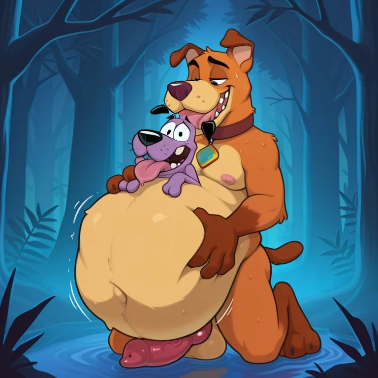 Two Anthropomorphic Dogs Share a Romantic Embrace in a Moonlit Forest