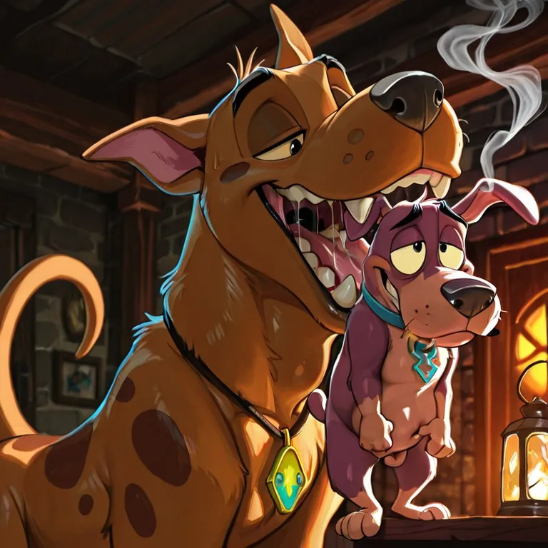 Scooby and Courage in a Cozy Stomach Hideaway