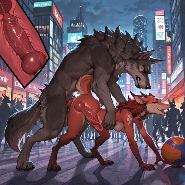 A Feral Wolf and an Anthro Dragon in a City Street