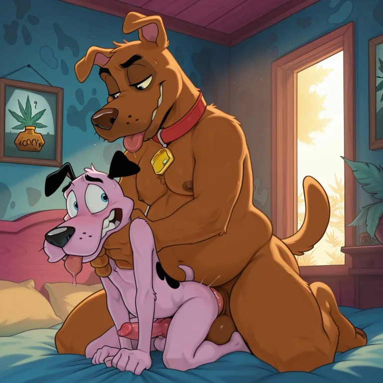 Two Anthropomorphic Dogs Embracing in a Moonlit Meadow