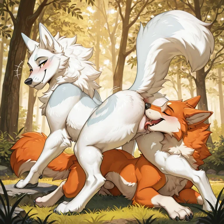 Two White Canids Sharing a Quiet Park Encounter